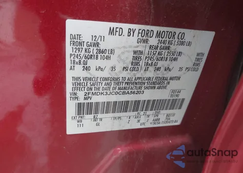 2012 Ford Edge Sel from USA, damaged, VIN 2FMDK3JC0CBA56203